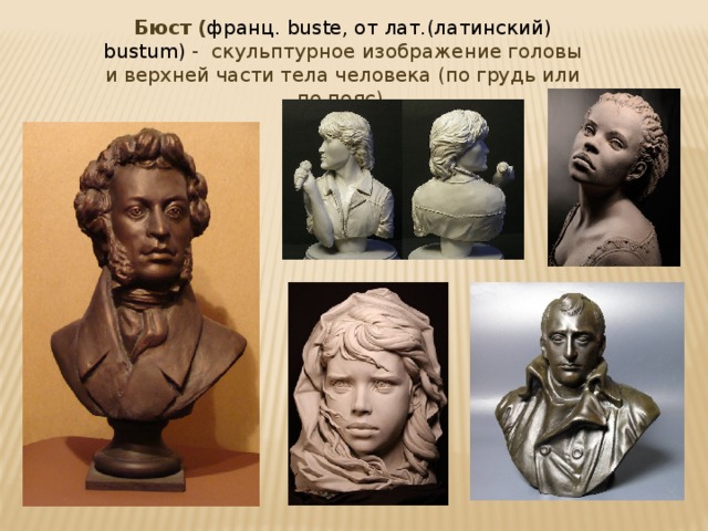 Бюст ( франц. buste, от лат.(латинский) bustum) - скульптурное изображение головы и верхней части тела человека (по грудь или по пояс). 