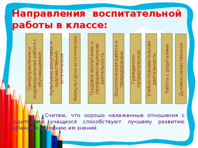 Направления воспитательной работы в классе:   Работа с родителями Культурно-досуговое и художественно-эстетическое Физкультурно-эстетическое Трудовое воспитание и профориентационная деятельность Экологическая работа и природоохрана. Гражданско-патриотическое Учебно-познавательная деятельность. Самоуправление и индивидуальная работа с обучающимися. Духовно-нравственное.  Считаю, что хорошо налаженные отношения с родителями учащихся способствуют лучшему развитию ребенка и усвоению им знаний. 