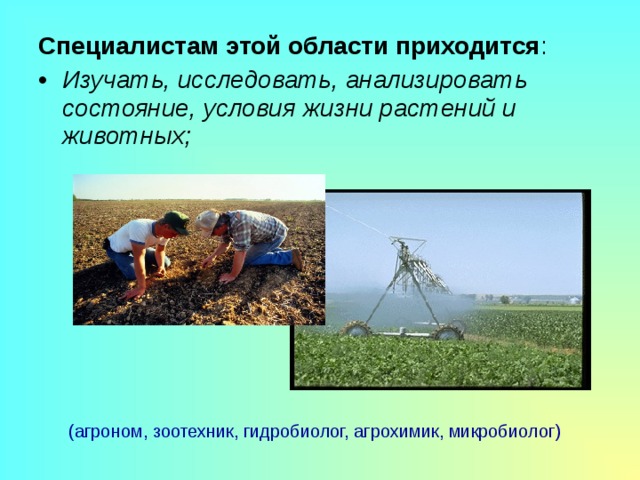 Специалистам этой области приходится : Изучать, исследовать, анализировать состояние, условия жизни растений и животных;  (агроном, зоотехник, гидробиолог, агрохимик, микробиолог) 
