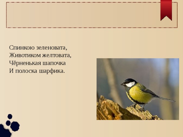 Спинкою зеленовата, Животиком желтовата, Чёрненькая шапочка И полоска шарфика. 
