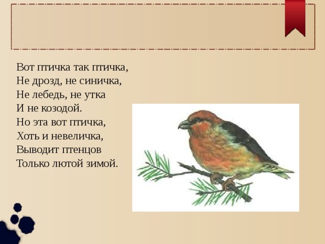 Вот птичка так птичка, Не дрозд, не синичка, Не лебедь, не утка И не козодой. Но эта вот птичка, Хоть и невеличка, Выводит птенцов Только лютой зимой. 