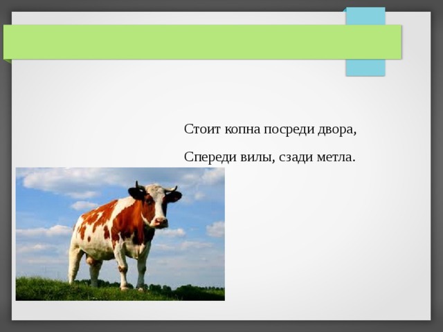 Стоит копна посреди двора, Спереди вилы, сзади метла. 