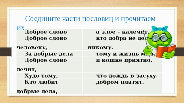 Соедините части пословиц и прочитаем их . Доброе слово а злое – калечит. Доброе слово человеку, кто добра не делает никому. За добрые дела тому и жизнь мила. Доброе слово лечит, и кошке приятно. Худо тому, что дождь в засуху. Кто любит добрые дела, добром платят. 