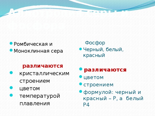 Аллотропия серы и фосфора Ромбическая и Моноклинная сера  Фосфор Черный, белый, красный  различаются  кристаллическим различаются цветом строением формулой: черный и красный – Р, а белый Р4  строением  цветом  температурой  плавления 