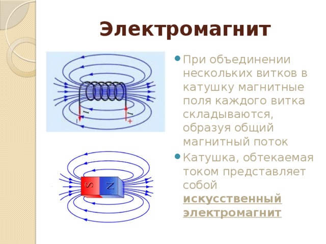 Электромагнит При объединении нескольких витков в катушку магнитные поля каждого витка складываются, образуя общий магнитный поток Катушка, обтекаемая током представляет собой искусственный электромагнит 