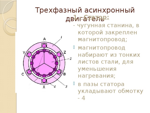 Трехфазный асинхронный двигатель 1 - Статор: - чугунная станина, в которой закреплен магнитопровод; магнитопровод набирают из тонких листов стали, для уменьшения нагревания; в пазы статора укладывают обмотку - 4 