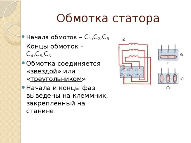 Обмотка статора Начала обмоток – С 1 ,С 2 ,С 3  Концы обмоток – С 4 ,С 5 ,С 6 Обмотка соединяется « звездой » или « треугольником » Начала и концы фаз выведены на клеммник, закреплённый на станине. 