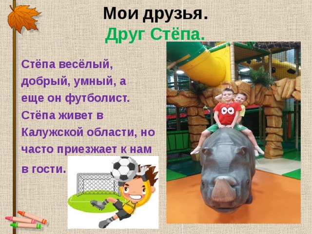 Мои друзья.  Друг Стёпа. Стёпа весёлый, добрый, умный, а еще он футболист. Стёпа живет в Калужской области, но часто приезжает к нам в гости . 