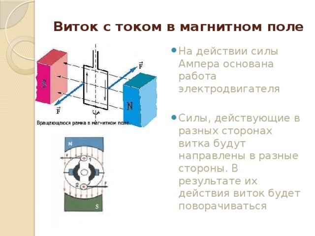 Виток с током в магнитном поле На действии силы Ампера основана работа электродвигателя Силы, действующие в разных сторонах витка будут направлены в разные стороны. В результате их действия виток будет поворачиваться 