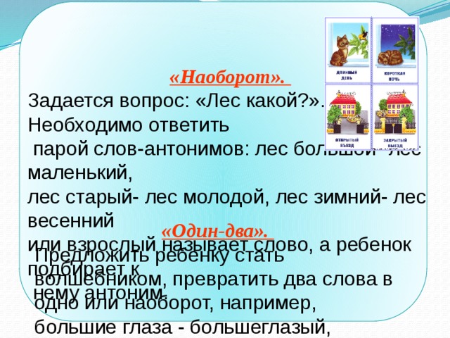   «Наоборот». Задается вопрос: «Лес какой?». Необходимо ответить  парой слов-антонимов: лес большой- лес маленький, лес старый- лес молодой, лес зимний- лес весенний или взрослый называет слово, а ребенок подбирает к  нему антоним. «Один-два». Предложить ребенку стать волшебником, превратить два слова в одно или наоборот, например, большие глаза - большеглазый, длинный хвост- длиннохвостый и т.д. 