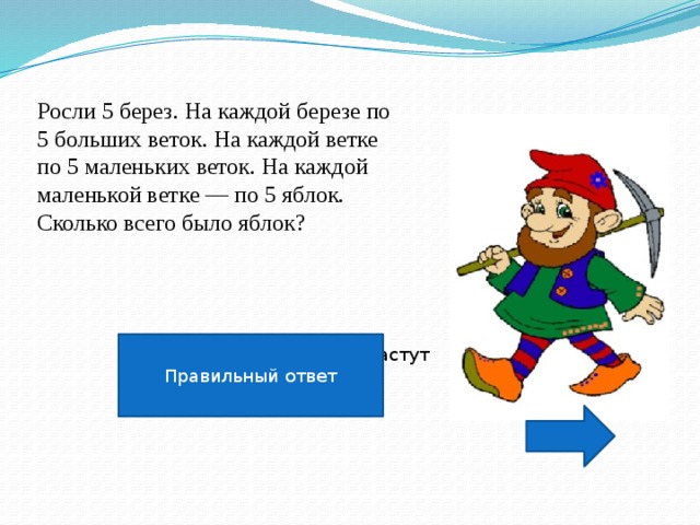 Росли 5 берез. На каждой березе по 5 больших веток. На каждой ветке по 5 маленьких веток. На каждой маленькой ветке — по 5 яблок. Сколько всего было яблок?    на березе яблоки не растут Правильный ответ 