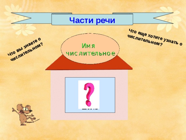 Что вы знаете о числительном? Что еще хотите узнать о числительном? Части речи  Девять  Второй  Шесть