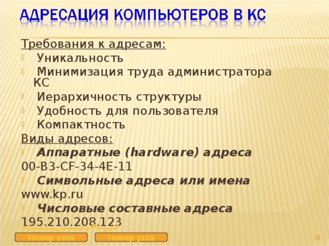 Требования к адресам:  Уникальность  Минимизация труда администратора КС  Иерархичность структуры  Удобность для пользователя  Компактность Виды адресов:  Аппаратные ( hardware ) адреса 00- B3-CF-34-4E-11  Символьные адреса  или имена  www.kp.ru  Числовые составные адреса 195.210.208.123 9 Номер сети Номер узла 