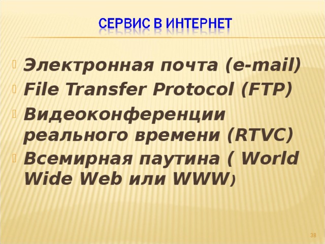 Электронная почта (e-mail) File Transfer Protocol ( FTP ) Видеоконференции реального времени (RTVC) Всемирная паутина ( World Wide Web или WWW )  