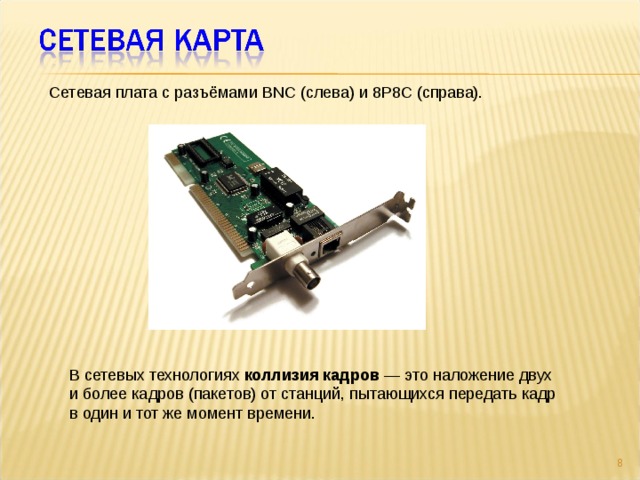 Сетевая плата с разъёмами BNC (слева) и 8P8C (справа). В сетевых технологиях коллизия кадров — это наложение двух и более кадров (пакетов) от станций, пытающихся передать кадр в один и тот же момент времени.  