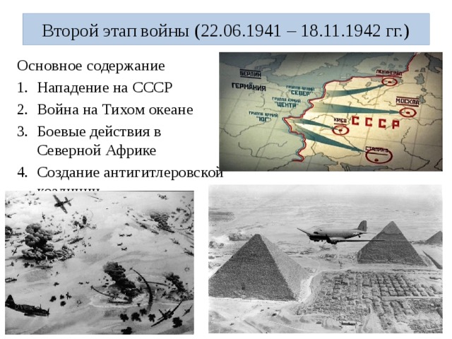 Второй этап войны (22.06.1941 – 18.11.1942 гг.) Основное содержание Нападение на СССР Война на Тихом океане Боевые действия в Северной Африке Создание антигитлеровской коалиции 