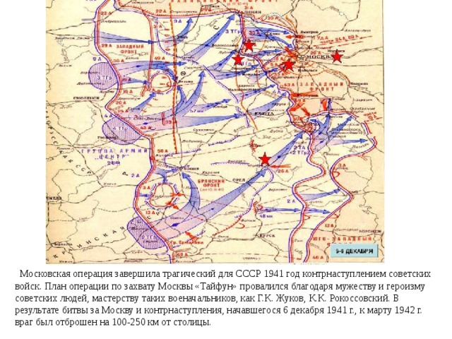 Московская операция завершила трагический для СССР 1941 год контрнаступлением советских войск. План операции по захвату Москвы «Тайфун» провалился благодаря мужеству и героизму советских людей, мастерству таких военачальников, как Г.К. Жуков, К.К. Рокоссовский. В результате битвы за Москву и контрнаступления, начавшегося 6 декабря 1941 г., к марту 1942 г. враг был отброшен на 100-250 км от столицы. 