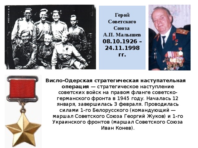 Герой Советского Союза  А.П. Малышев  08.10.1926 – 24.11.1998 гг.    Висло-Одерская стратегическая наступательная операция  — стратегическое наступление советских войск на правом фланге советско-германского фронта в 1945 году. Началась 12 января, завершилась 3 февраля. Проводилась силами 1-го Белорусского (командующий — маршал Советского Союза Георгий Жуков) и 1-го Украинского фронтов (маршал Советского Союза Иван Конев). 