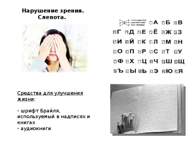 Нарушение зрения. Слепота. Средства для улучшения жизни :  шрифт Брайля, используемый в надписях и книгах  аудиокниги 