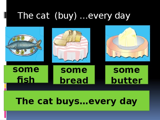 The cat (buy) …every day some fish some bread some butter The cat buys…every day 