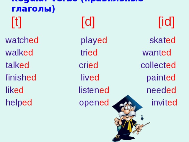 Regular verbs (правильные глаголы)  [t] [d] [id]  watch ed play ed skat ed walk ed tri ed want ed talk ed cri ed collect ed finish ed liv ed paint ed lik ed listen ed need ed help ed open ed invit ed 
