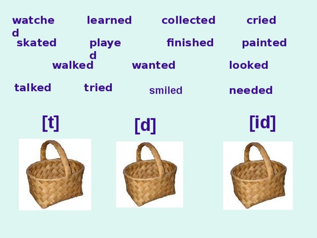 watched learned collected cried played skated finished painted looked walked wanted tried talked needed smiled [t] [id] [d] 