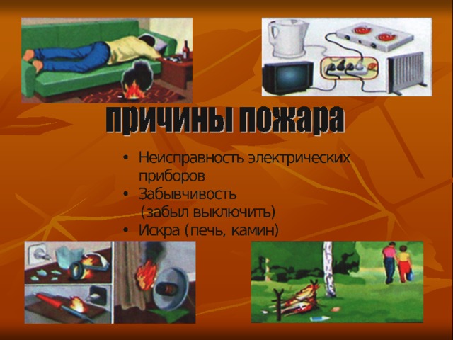 Неисправность электрических приборов Забывчивость  (забыл выключить) Искра (печь, камин)     
