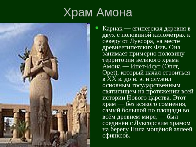 Храм Амона Карнак — египетская деревня в двух с половиной километрах к северу от Луксора, на месте древнеегипетских Фив. Она занимает примерно половину территории великого храма Амона — Ипет-Исут (Опет, Opet), который начал строиться в XX в. до н. э. и служил основным государственным святилищем на протяжении всей истории Нового царства. Этот храм — без всякого сомнения, самый большой по площади во всём древнем мире, — был соединён с Луксорским храмом на берегу Нила мощёной аллеей сфинксов. 