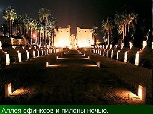 Аллея сфинксов и пилоны ночью. 