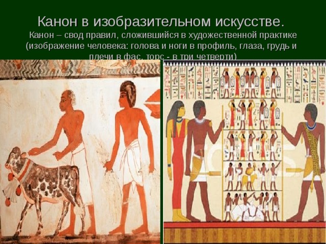 Канон в изобразительном искусстве.  Канон – свод правил, сложившийся в художественной практике (изображение человека: голова и ноги в профиль, глаза, грудь и плечи в фас, торс - в три четверти) 