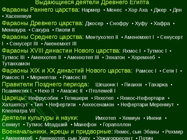  Выдающиеся деятели Древнего Египта Фараоны Раннего царства : Нармер • Менес • Хор Аха • Джер • Ден • Хасехемуи  Фараоны Древнего царства: Джосер • Снофру • Хуфу • Хафра • Менкаура • Сахура • Пиопи II Фараоны Среднего царства: Ментухотеп II • Аменемхет I • Сенусерт I • Сенусерт III • Аменемхет III Фараоны XVIII династии Нового царства: Яхмос I • Тутмос I • Тутмос III • Аменхотеп II • Аменхотеп III • Эхнатон • Хоремхеб • Тутанхамон Фараоны XIX и XX династий Нового царства: Рамсес I • Сети I • Рамсес II • Мернептах • Рамсес III Правители Позднего периода:  Шешонк I • Пианхи • Тахарка • Псамметих I • Нехо II • Амасис II • Птолемей I Царицы: Нефрусобек • Тетишери • Яххотеп • Яхмос-Нефертари • Хатшепсут • Тия • Нефертити • Анхесенамон • Нефертари Меренмут • Клеопатра VII Деятели культуры и науки:  Имхотеп • Хемиун • Инени • Сенмут • Тутмос Младший • Манефон • Гораполлон Военачальники, жрецы и придворные:  Яхмес, сын Эбаны • Рехмир • Аменемхеб • Аменхотеп, сын Хапу • Уджагорресент • Потин 