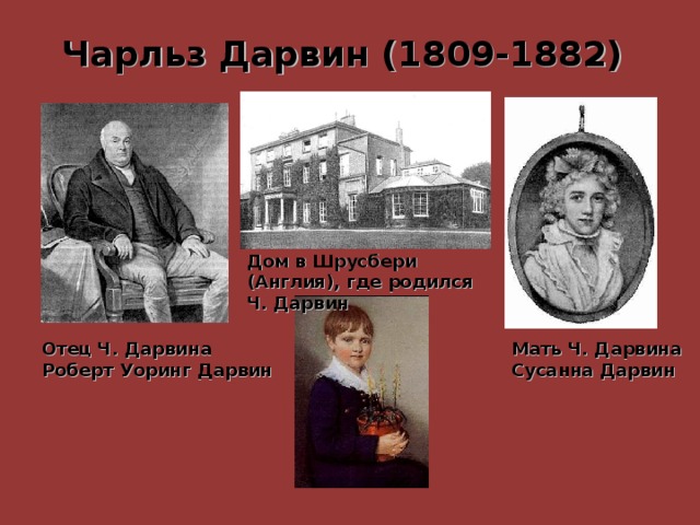Чарльз Дарвин (1809-1882)   Дом в Шрусбери (Англия), где родился Ч. Дарвин Отец Ч. Дарвина Роберт Уоринг Дарвин Мать Ч. Дарвина Сусанна Дарвин 