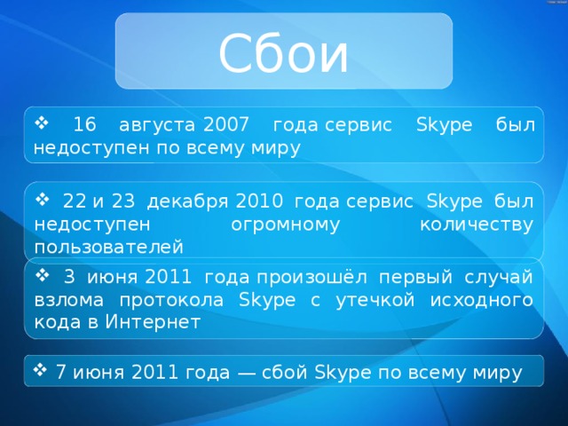 Сбои  16 августа 2007 года сервис Skype был недоступен по всему миру  22 и 23 декабря 2010 года сервис Skype был недоступен огромному количеству пользователей  3 июня 2011 года произошёл первый случай взлома протокола Skype с утечкой исходного кода в Интернет  7 июня 2011 года — сбой Skype по всему миру 