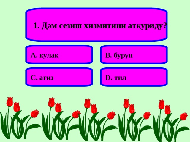 1. Дәм сезиш хизмитини атқуриду? А. қулақ В. бурун С. ағиз D . тил 