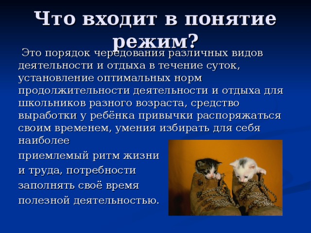 Что входит в понятие режим?  Это порядок чередования различных видов деятельности и отдыха в течение суток, установление оптимальных норм продолжительности деятельности и отдыха для школьников разного возраста, средство выработки у ребёнка привычки распоряжаться своим временем, умения избирать для себя наиболее  приемлемый ритм жизни  и труда, потребности  заполнять своё время  полезной деятельностью. 