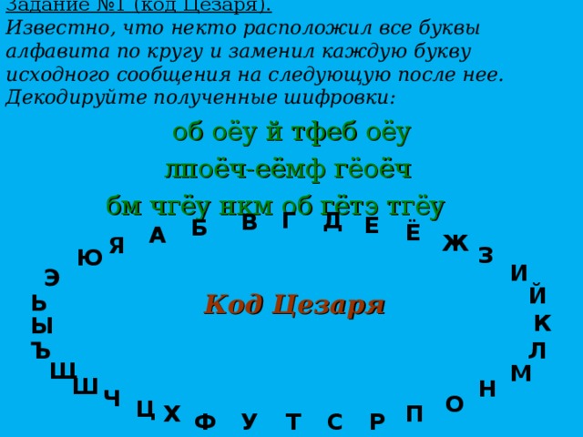 Задание №1 (код Цезаря). Известно, что некто расположил все буквы алфавита по кругу и заменил каждую букву исходного сообщения на следующую после нее. Декодируйте полученные шифровки: об оёу й тфеб оёу лпоёч-еёмф гёоёч бм чгёу нкм об гётэ тгёу   Д Г В Е Б Ё А Ж Я З Ю И Э Й Код  Цезаря Ь К Ы Ъ Л Щ М Ш Н Ч О Ц П Х Р Т Ф С У 
