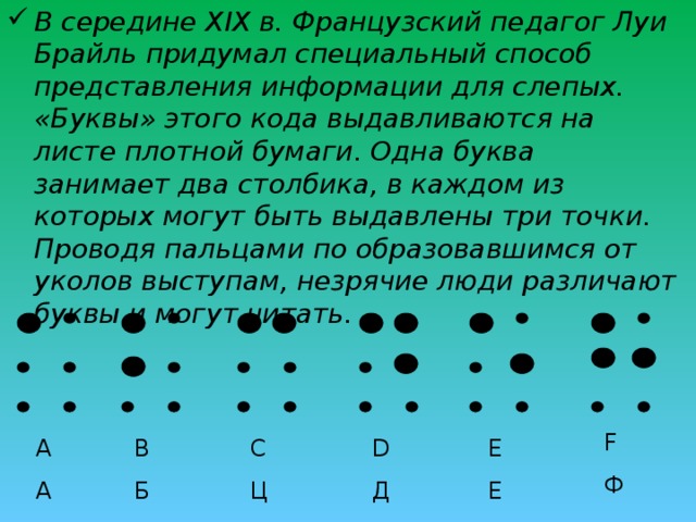 В середине XIX в. Французский педагог Луи Брайль придумал специальный способ представления информации для слепых. «Буквы» этого кода выдавливаются на листе плотной бумаги. Одна буква занимает два столбика, в каждом из которых могут быть выдавлены три точки. Проводя пальцами по образовавшимся от уколов выступам, незрячие люди различают буквы и могут читать. F Ф А A B Б C Ц D Д E Е 