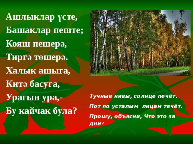 Ашлыклар үсте, Башаклар пеште; Кояш пешерә, Тиргә төшерә. Халык ашыга, Китә басуга, Урагын ура,- Бу кайчак була? Тучные нивы, солнце печёт. Пот по усталым лицам течёт. Прошу, объясни, Что это за дни ? 