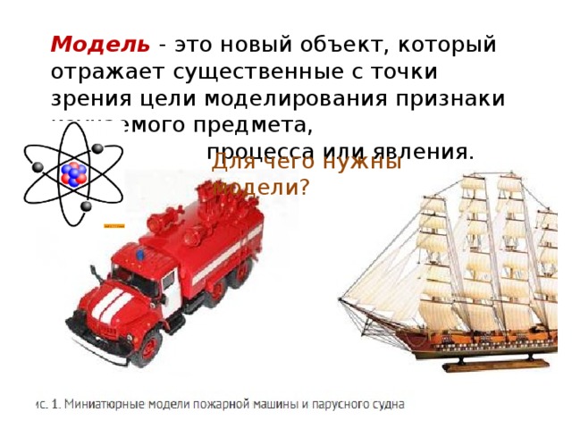 Модель - это новый объект, который отражает существенные с точки зрения цели моделирования признаки изучаемого предмета,  процесса или явления. Для чего нужны модели? 