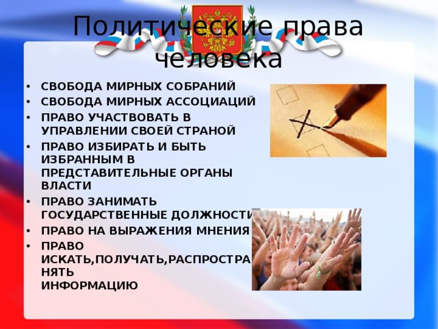 Политические права человека СВОБОДА МИРНЫХ СОБРАНИЙ СВОБОДА МИРНЫХ АССОЦИАЦИЙ ПРАВО УЧАСТВОВАТЬ В УПРАВЛЕНИИ СВОЕЙ СТРАНОЙ ПРАВО ИЗБИРАТЬ И БЫТЬ ИЗБРАННЫМ В ПРЕДСТАВИТЕЛЬНЫЕ ОРГАНЫ ВЛАСТИ ПРАВО ЗАНИМАТЬ ГОСУДАРСТВЕННЫЕ ДОЛЖНОСТИ ПРАВО НА ВЫРАЖЕНИЯ МНЕНИЯ ПРАВО ИСКАТЬ,ПОЛУЧАТЬ,РАСПРОСТРАНЯТЬ  ИНФОРМАЦИЮ  