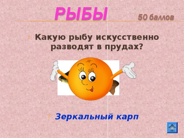 Какую рыбу искусственно разводят в прудах?      Зеркальный карп 