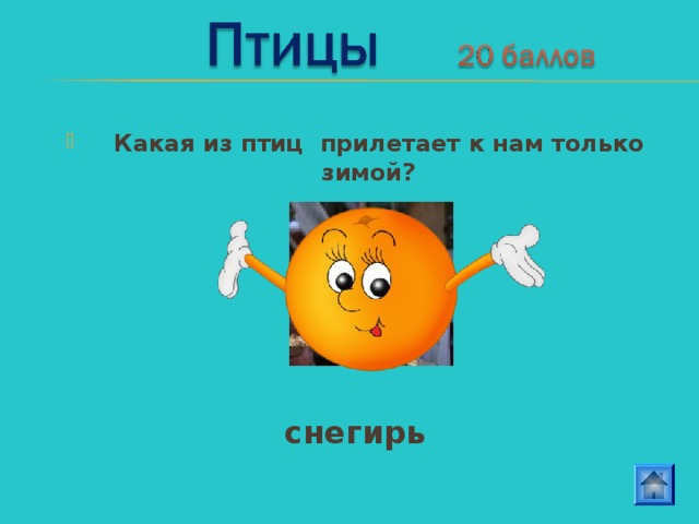  Какая из птиц прилетает к нам только зимой?      снегирь 
