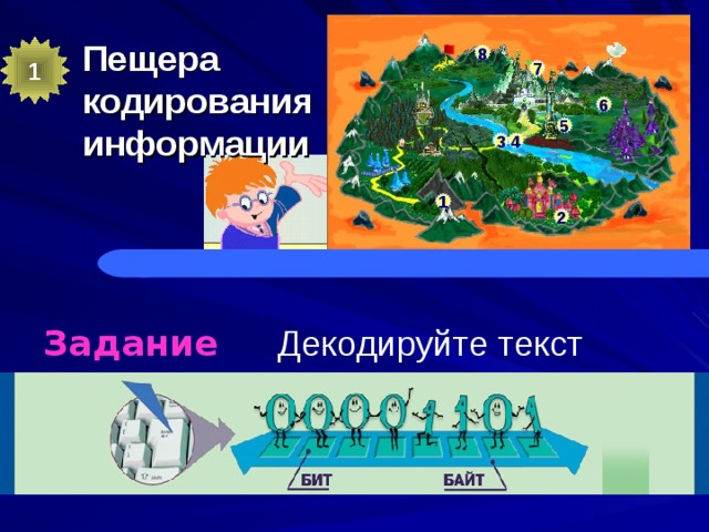 Пещера  кодирования  информации 1 8 7 6 5 4 3 1 2 Декодируйте текст Задание 2
