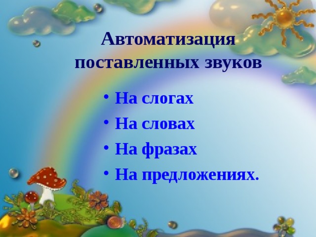 Автоматизация поставленных звуков На слогах На словах На фразах На предложениях. 