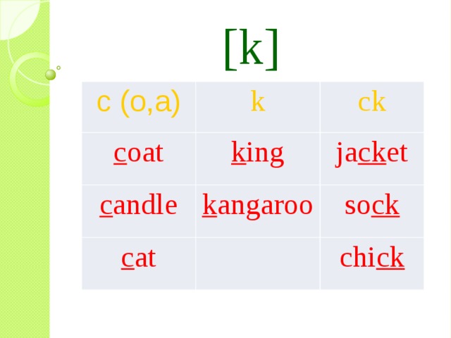 [k] c (o,a) k c oat ck k ing c andle k angaroo ja ck et c at so ck chi ck 