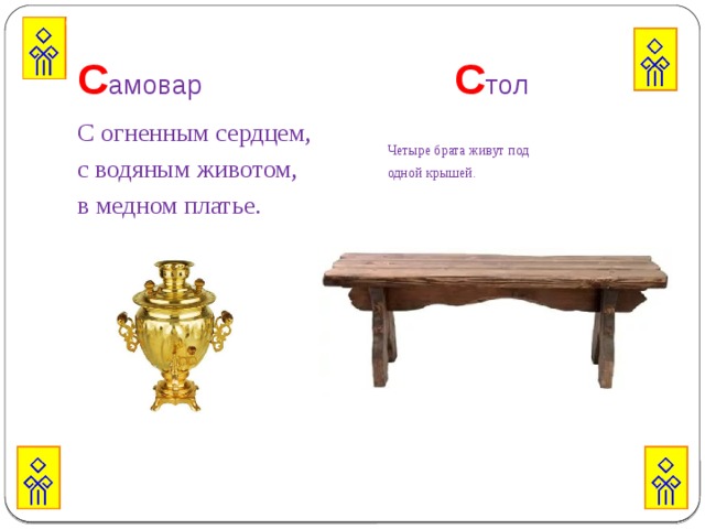 С амовар С тол С огненным сердцем, Четыре брата живут под с водяным животом, одной крышей.   в медном платье. 