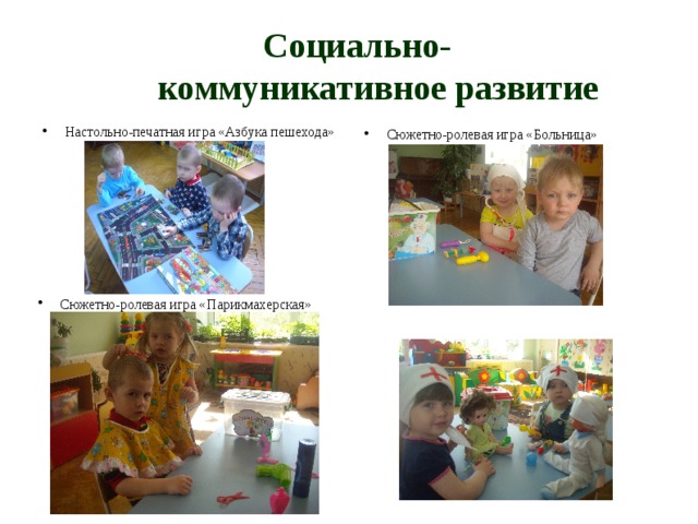  Социально- коммуникативное развитие Настольно-печатная игра «Азбука пешехода» Сюжетно-ролевая игра «Больница» Сюжетно-ролевая игра «Парикмахерская» 