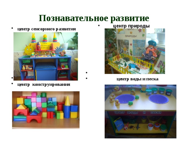 Познавательное развитие  центр природы центр сенсорного развития   центр воды и песка  центр конструирования 