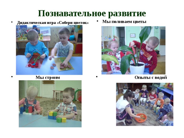 Познавательное развитие Мы поливаем цветы Дидактическая игра «Собери цветок»  Мы строим  Опыты с водой 