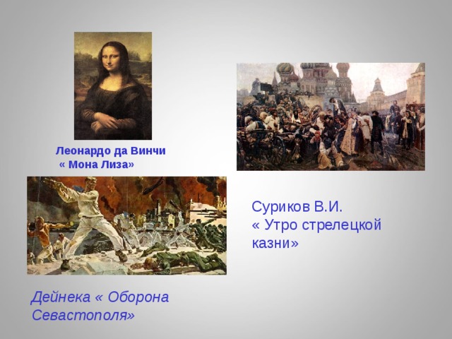 Леонардо да Винчи  « Мона Лиза» Суриков В.И. « Утро стрелецкой казни» Дейнека « Оборона Севастополя» 